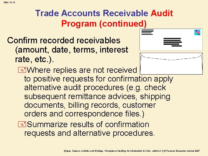 Slide 13. 14 Trade Accounts Receivable Audit Program (continued) Confirm recorded receivables (amount, date,