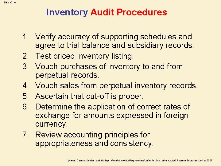 Slide 13. 16 Inventory Audit Procedures 1. Verify accuracy of supporting schedules and agree