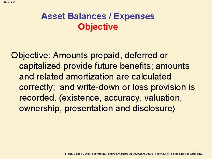 Slide 13. 19 Asset Balances / Expenses Objective: Amounts prepaid, deferred or capitalized provide