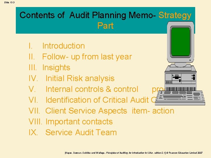 Slide 13. 3 Contents of Audit Planning Memo- Strategy Part I. Introduction II. Follow-