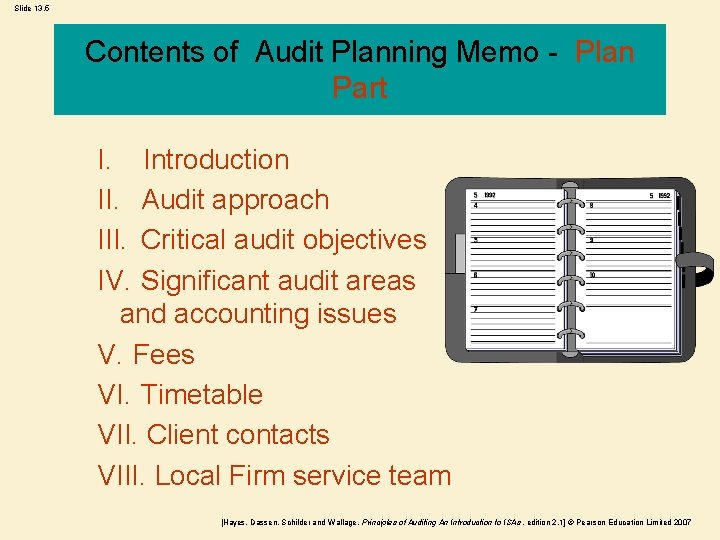 Slide 13. 5 Contents of Audit Planning Memo - Plan Part I. Introduction II.