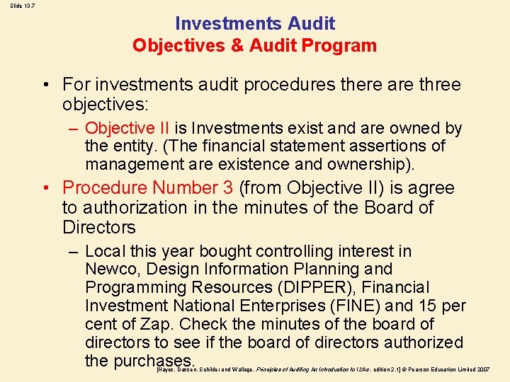 Slide 13. 7 Investments Audit Objectives & Audit Program • For investments audit procedures