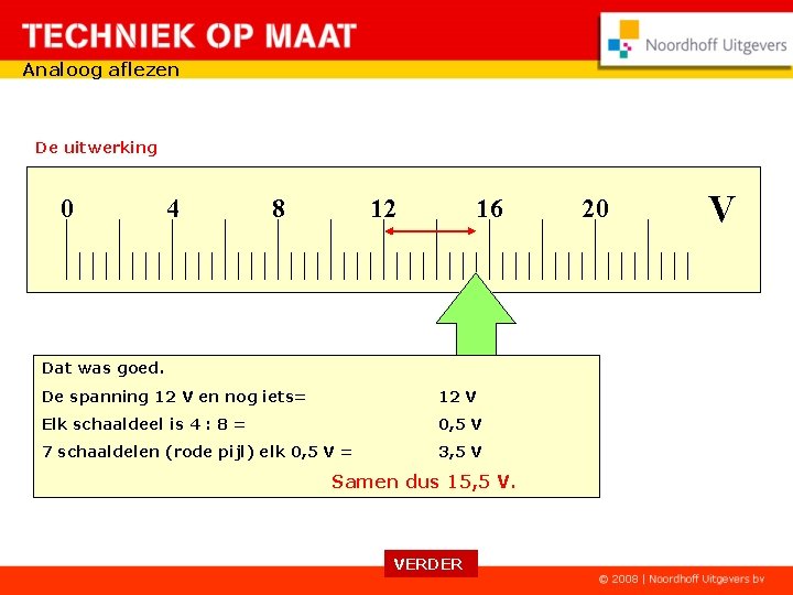 Analoog aflezen De uitwerking 0 4 8 12 16 Dat was goed. De spanning