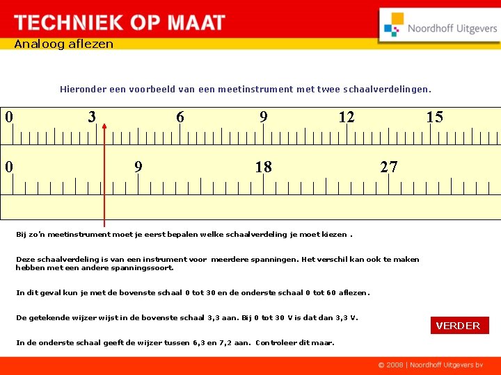 Analoog aflezen Hieronder een voorbeeld van een meetinstrument met twee schaalverdelingen. 0 0 3