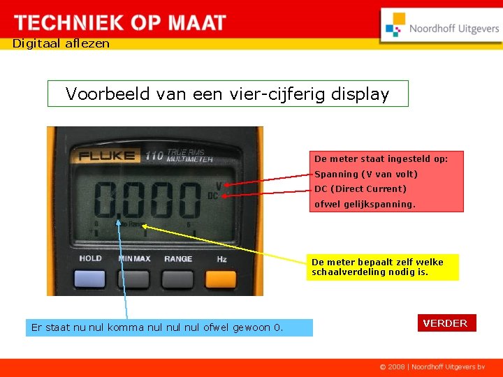 Digitaal aflezen Voorbeeld van een vier-cijferig display De meter staat ingesteld op: Spanning (V