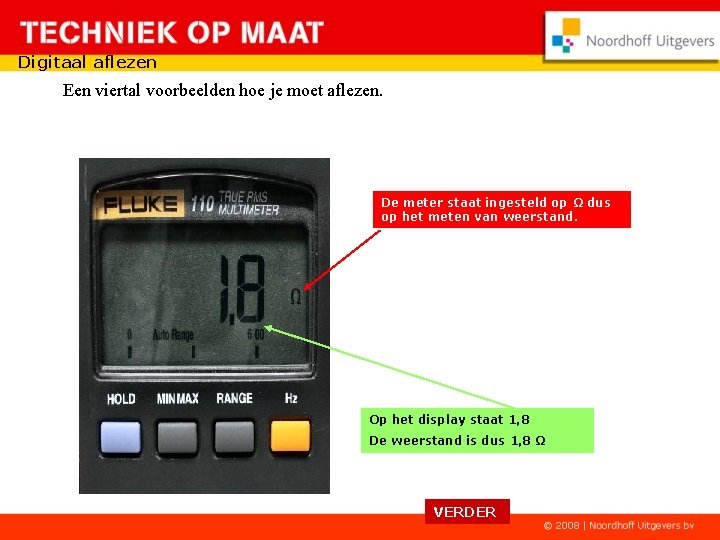 Digitaal aflezen Een viertal voorbeelden hoe je moet aflezen. De meter staat ingesteld op