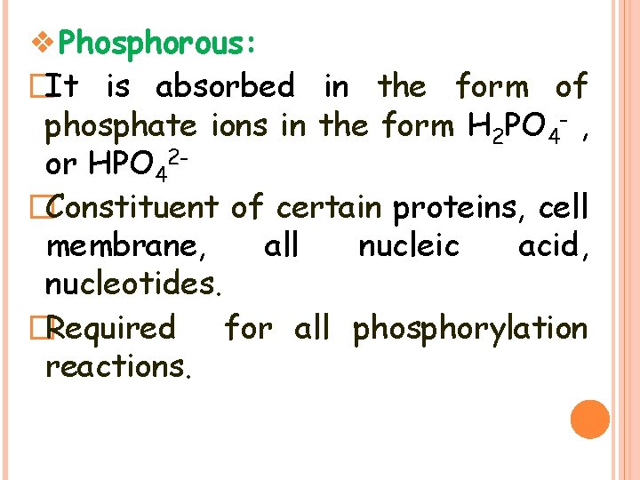 ❖Phosphorous: �It is absorbed in the form of phosphate ions in the form H