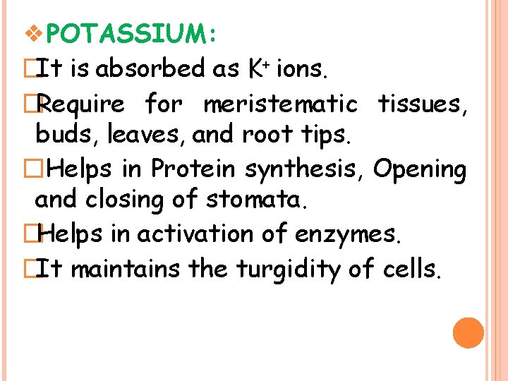 ❖POTASSIUM: �It is absorbed as K+ ions. �Require for meristematic tissues, buds, leaves, and