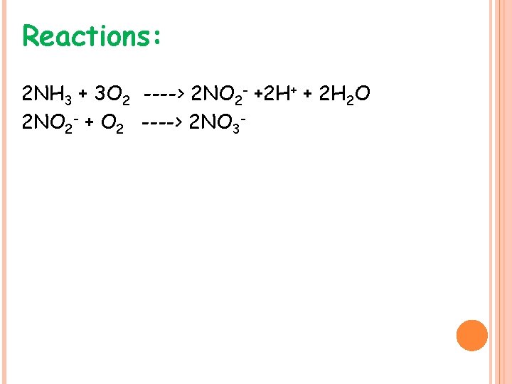 Reactions: 2 NH 3 + 3 O 2 ----> 2 NO 2 - +2