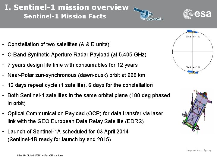 I. Sentinel-1 mission overview Sentinel-1 Mission Facts • Constellation of two satellites (A &