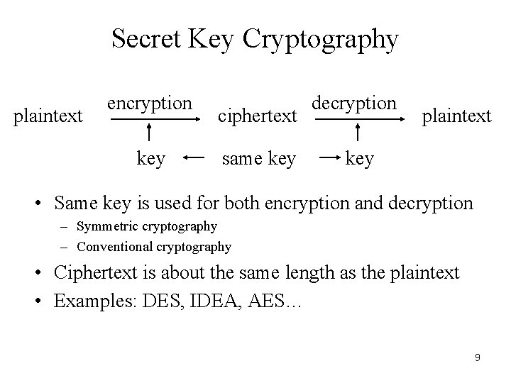 Secret Key Cryptography plaintext encryption key ciphertext same key decryption plaintext key • Same