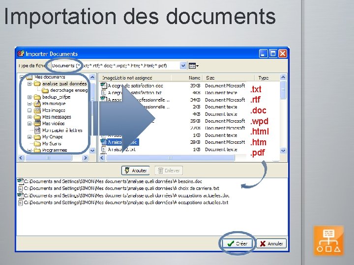 Importation des documents. txt. rtf. doc. wpd. html. htm. pdf 