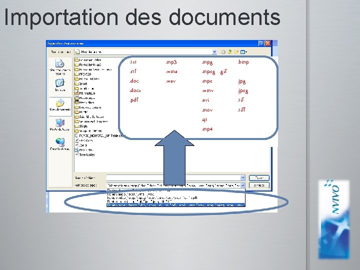 Importation des documents. txt. rtf. docx. pdf . mp 3. wma. wav Capture d’écran
