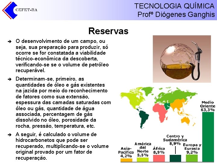 TECNOLOGIA QUÍMICA Profº Diógenes Ganghis Reservas è O desenvolvimento de um campo, ou seja,