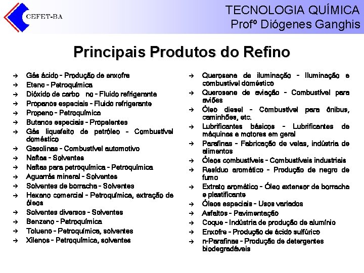 TECNOLOGIA QUÍMICA Profº Diógenes Ganghis Principais Produtos do Refino è è è è è TECNOLOGIA QUÍMICA Profº Diógenes Ganghis Principais Produtos do Refino è è è è è