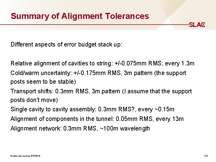 Summary of Alignment Tolerances Different aspects of error budget stack up: Relative alignment of