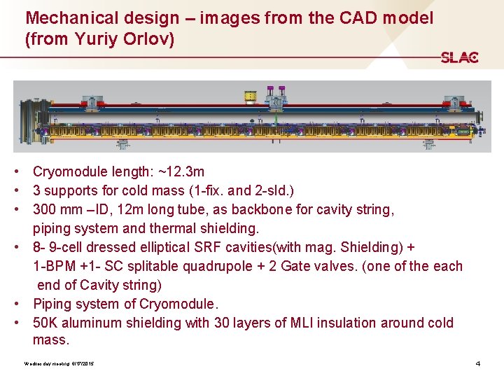 Mechanical design – images from the CAD model (from Yuriy Orlov) • Cryomodule length: