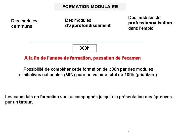 FORMATION MODULAIRE Des modules communs Des modules d’approfondissement Des modules de professionnalisation dans l’emploi