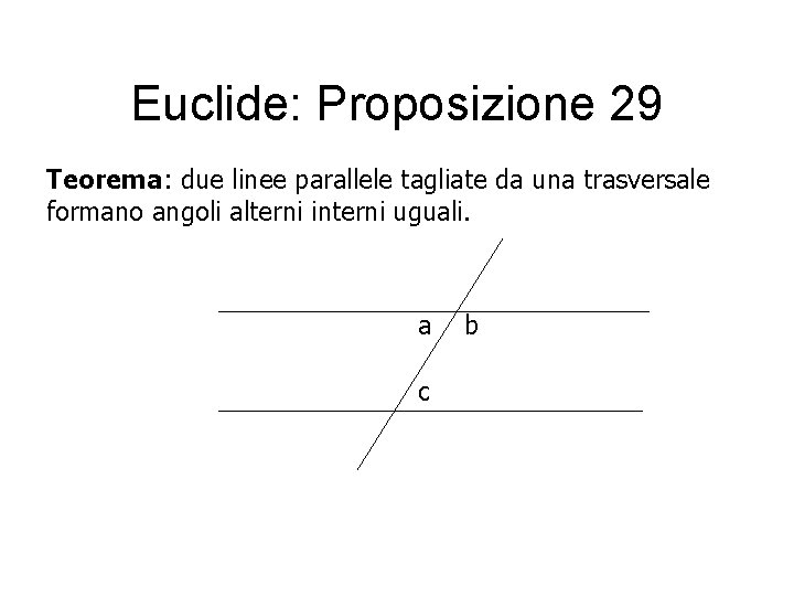 Euclide: Proposizione 29 Teorema: due linee parallele tagliate da una trasversale formano angoli alterni