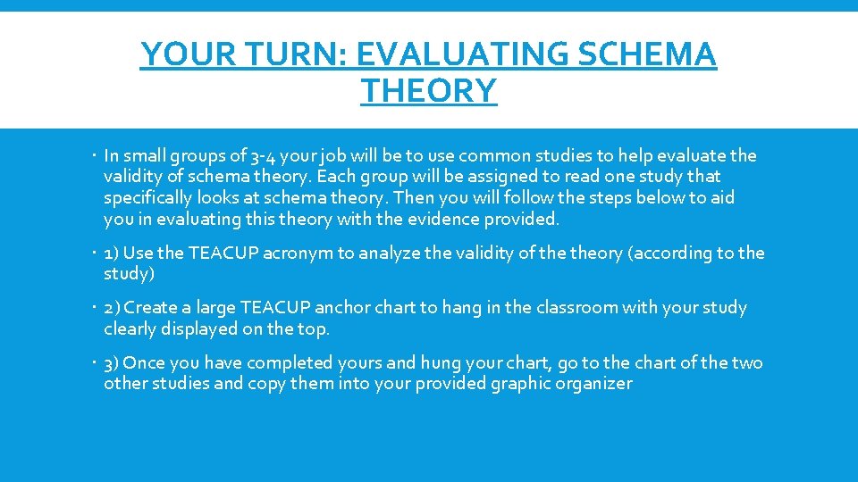 YOUR TURN: EVALUATING SCHEMA THEORY In small groups of 3 -4 your job will