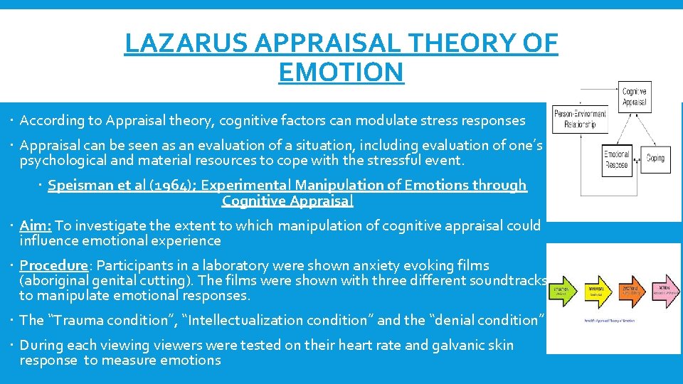 LAZARUS APPRAISAL THEORY OF EMOTION According to Appraisal theory, cognitive factors can modulate stress