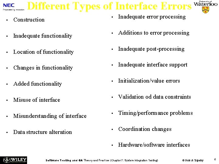 Different Types of Interface Errors • Construction • Inadequate error processing • Inadequate functionality