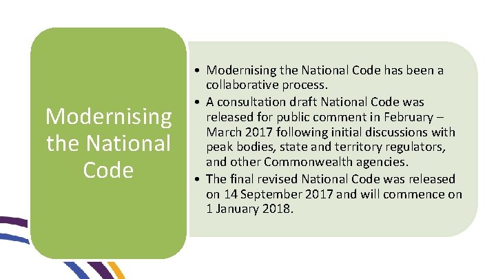 Modernising the National Code • Modernising the National Code has been a collaborative process.