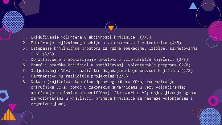 1. Uključivanje volontera u aktivnosti knjižnice (7/8) 2. Educiranje knjižničnog osoblja o volonterstvu i