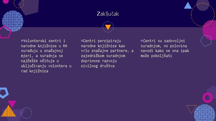 Zaključak ◍Volonterski centri i narodne knjižnice u RH surađuju u značajnoj mjeri, a suradnja