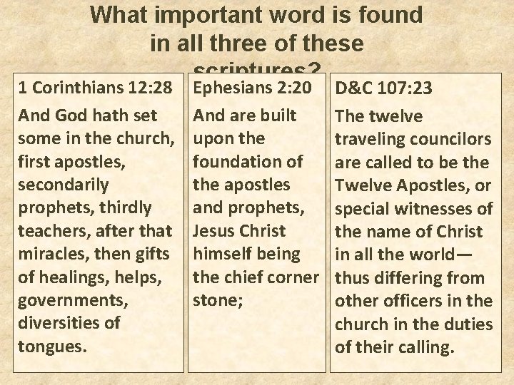 What important word is found in all three of these scriptures? 1 Corinthians 12: What important word is found in all three of these scriptures? 1 Corinthians 12: