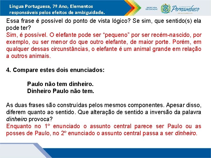 Língua Portuguesa, 7º Ano, Elementos responsáveis pelos efeitos de ambiguidade. Essa frase é possível