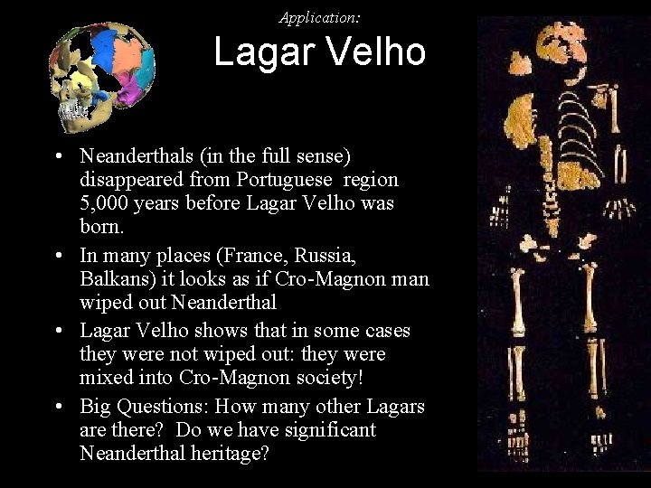 Application: Lagar Velho • Neanderthals (in the full sense) disappeared from Portuguese region 5,