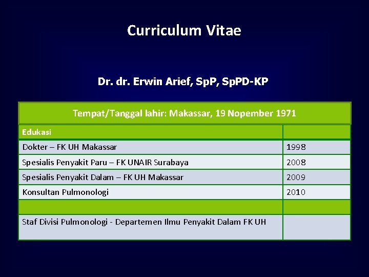 Curriculum Vitae Dr. dr. Erwin Arief, Sp. PD-KP Tempat/Tanggal lahir: Makassar, 19 Nopember 1971