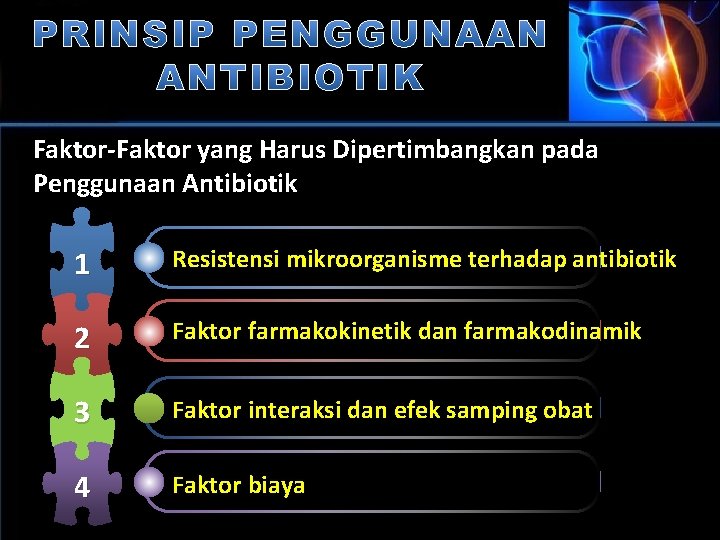 Faktor-Faktor yang Harus Dipertimbangkan pada Penggunaan Antibiotik 1 Resistensi mikroorganisme terhadap antibiotik 2 Faktor