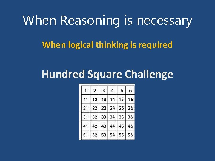 When Reasoning is necessary When logical thinking is required Hundred Square Challenge 
