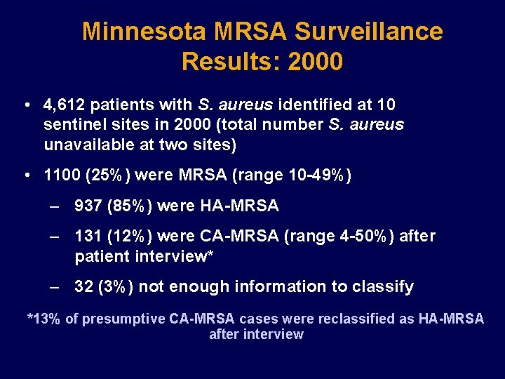 Minnesota MRSA Surveillance Results: 2000 • 4, 612 patients with S. aureus identified at