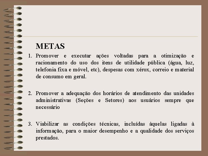 METAS 1. Promover e executar ações voltadas para a otimização e racionamento do uso
