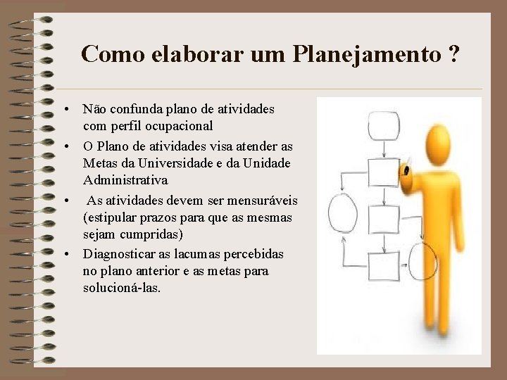 Como elaborar um Planejamento ? • Não confunda plano de atividades com perfil ocupacional