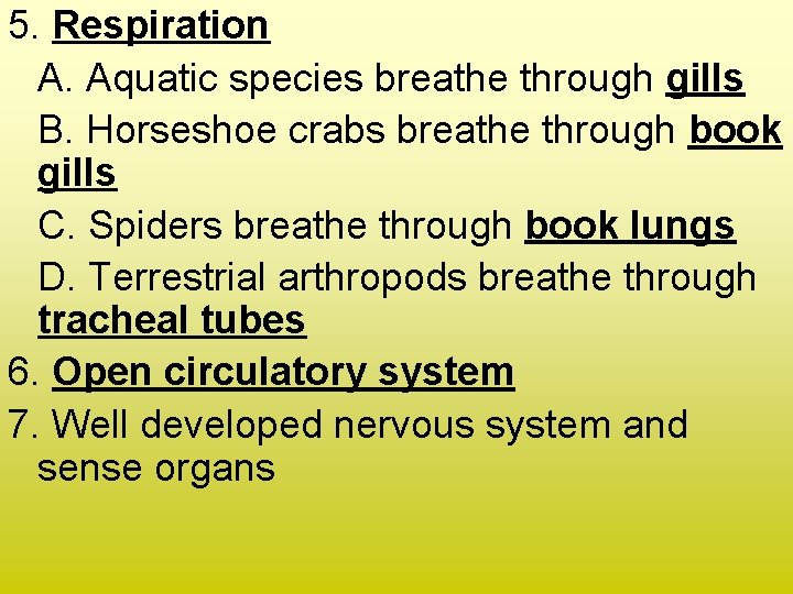 5. Respiration A. Aquatic species breathe through gills B. Horseshoe crabs breathe through book