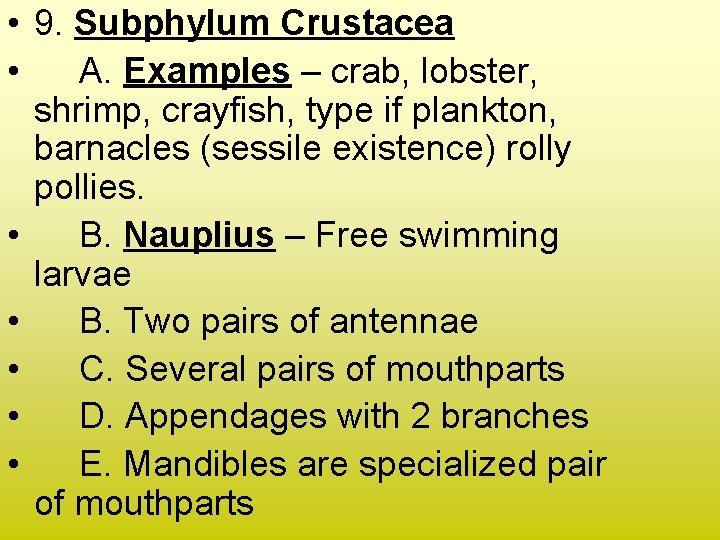  • 9. Subphylum Crustacea • A. Examples – crab, lobster, shrimp, crayfish, type