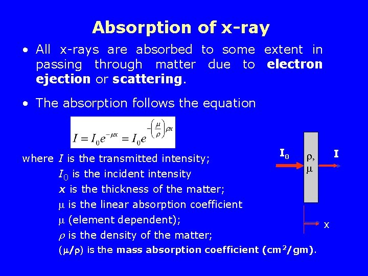 Absorption of x-ray • All x-rays are absorbed to some extent in passing through