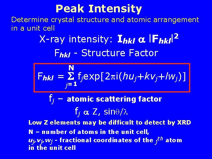 Peak Intensity Determine crystal structure and atomic arrangement in a unit cell X-ray intensity:
