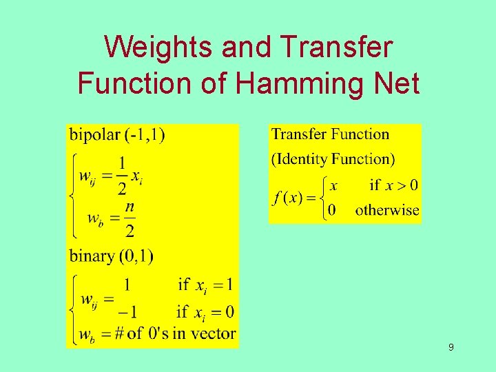 Weights and Transfer Function of Hamming Net 9 
