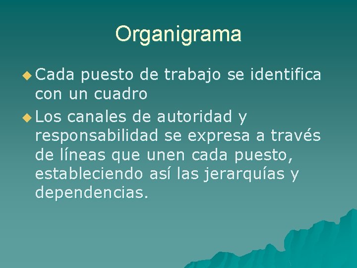 Organigrama u Cada puesto de trabajo se identifica con un cuadro u Los canales