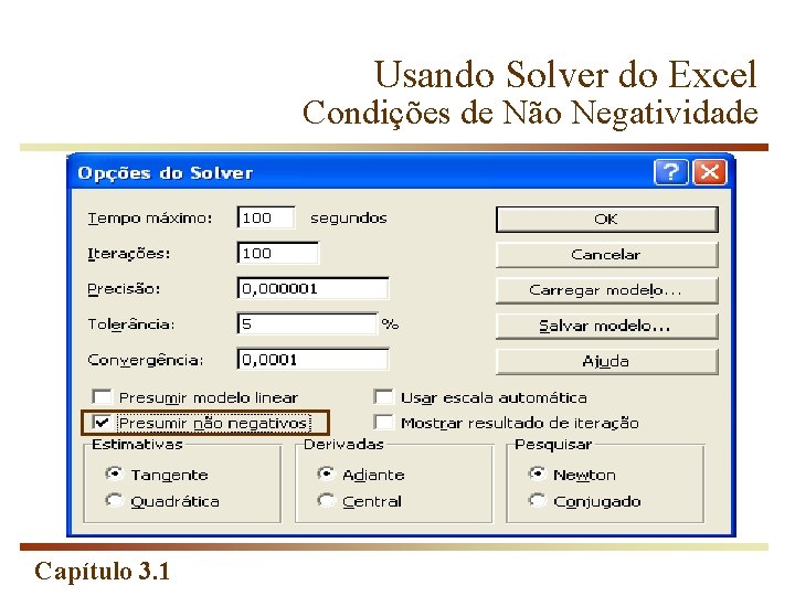 Usando Solver do Excel Condições de Não Negatividade Capítulo 3. 1 
