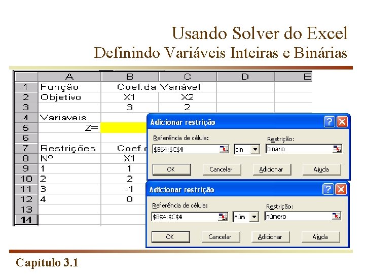 Usando Solver do Excel Definindo Variáveis Inteiras e Binárias Capítulo 3. 1 