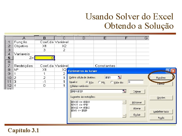Usando Solver do Excel Obtendo a Solução Capítulo 3. 1 
