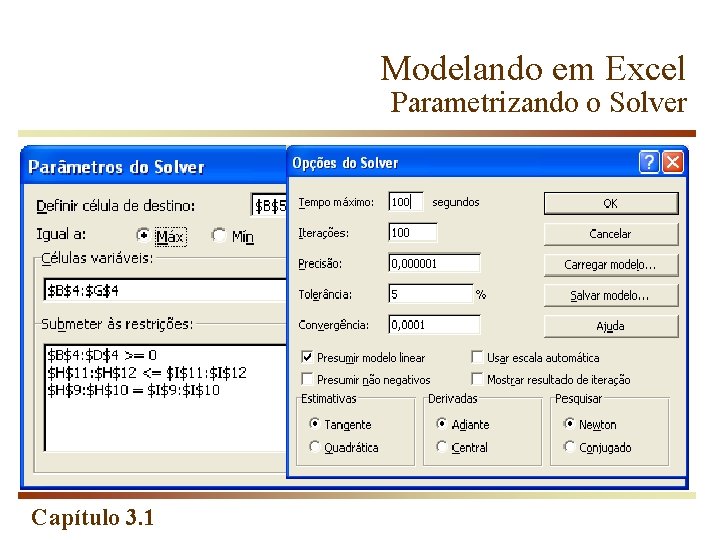 Modelando em Excel Parametrizando o Solver Capítulo 3. 1 