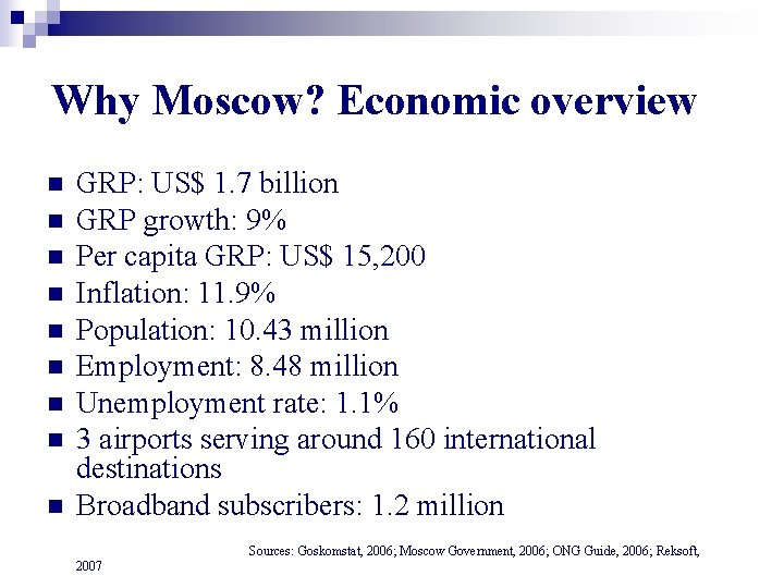 Why Moscow? Economic overview n n n n n GRP: US$ 1. 7 billion