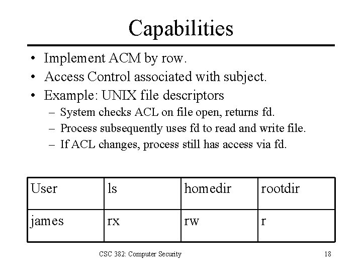 Capabilities • Implement ACM by row. • Access Control associated with subject. • Example: